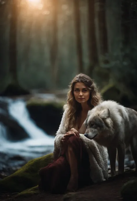 Uma mulher nua na floresta de gelo com um lobo ao lado