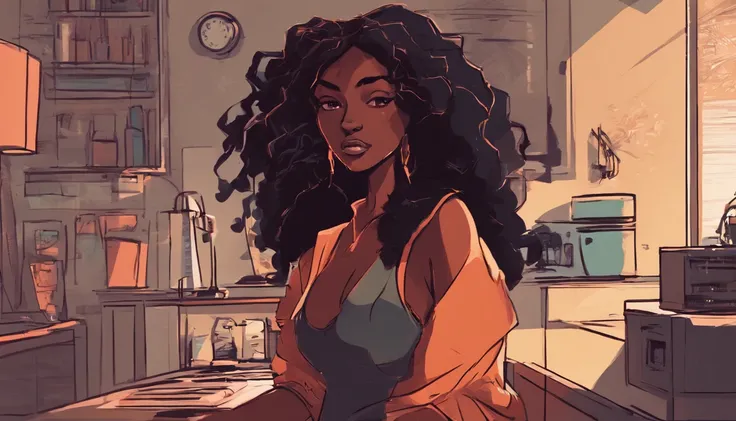 uma mulher negra de cabelo curto e crespo, sozinha em um apartamento decadente, olhando pela janela, arte digital estilo lo-fi