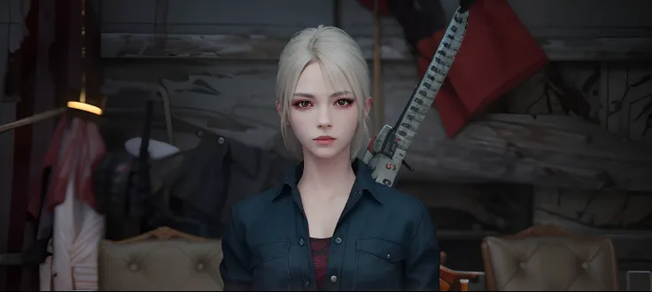 there is a woman with a chainsaw in a room, close up character, female character, highly detailed character, character close up,...