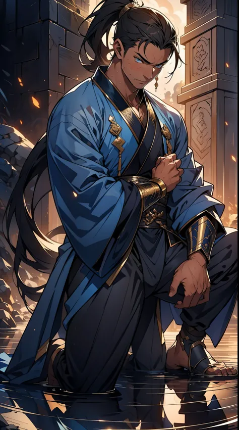 quadratic element，style of anime，mtu（Male Warrior），The proportions are correct，Face details，swordsmen，High ponytail hairstyle，Neck details，There is an Adams apple，Blue suit，kaftan，long blue robes，clothes details，Handing over，longer sleeves，Game quality，Swo...