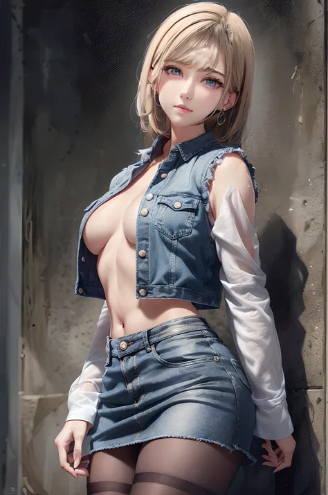 Best quality, A high resolution, and18, 1girl in, Android 18, Solo, Blonde hair, Blue eyes, Short hair, Earrings, jewelry, denim vest, Open vest, Black pantyhose, Black shirt, Denim skirt, Striped long sleeves, Blue skirt, Medium breasts, Cowboy shot, stre...