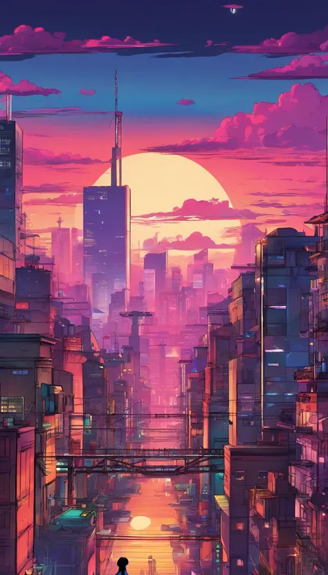 Close-up of the city with neon sunset in the background, Synthwave City, vaporwave city, Synthwave aesthetics, Neon City in the background, Background of Neo Tokyo, Neon metropolis in the background, Futuristic urban background, cyberpunk aesthetics, The c...