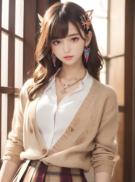 (School Uniforms:1.2), (gals:1.2), (White shirt:1.3), (Wrap a beige cardigan around your waist:1.3), ((Unbuttoned):1.2), (Plaid pleated skirt:1.2), ((Necklace,Colorful bracelets,X Hair Ornament):1.2),