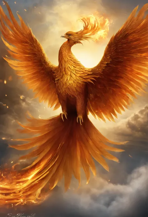 phoenix，The golden emblem of the Flame Phoenix, brilhantemente, um majestoso, All eyes were on the details of the Phoenix burning, atmosfera deslumbrante，Paleta de cores dourada e vermelha rica, luzes brilhantes, Effects of flame and smoke splashes