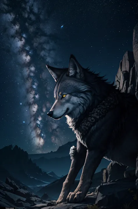 The Wolf King, with a scar over its wolfish eyes, stands upon a rocky outcrop, gazing into the distance beneath the Milky Way on a moonlit night. Seen from a 45-degree angle, one can observe the entirety of the Wolf Kings majestic form