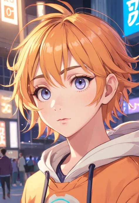 (beautiful detailed eyes:1.6), dude, teenage boy, extremely detailed face, perfect lighting, extremely detailed CG, (perfect hands, perfect anatomy),16 years old, orange hair, short hair, curly hair, hair tied back, front, orange eyes, in a light orange ho...