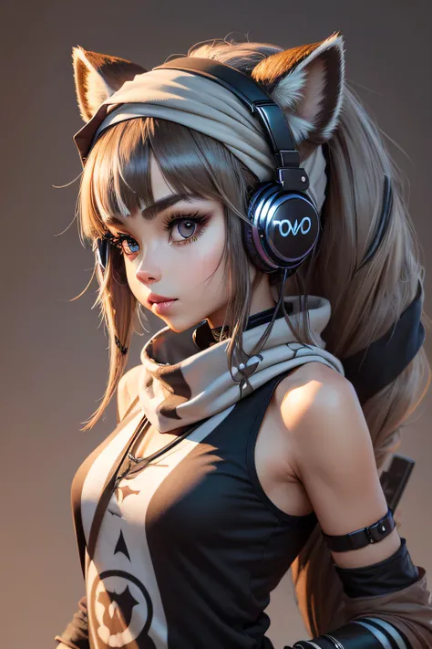 roovy female raccoon face and ears, with human body, 3/4 profile portrait, modern fashionable, funky accessories such as , headphones, sword, bandana, etc