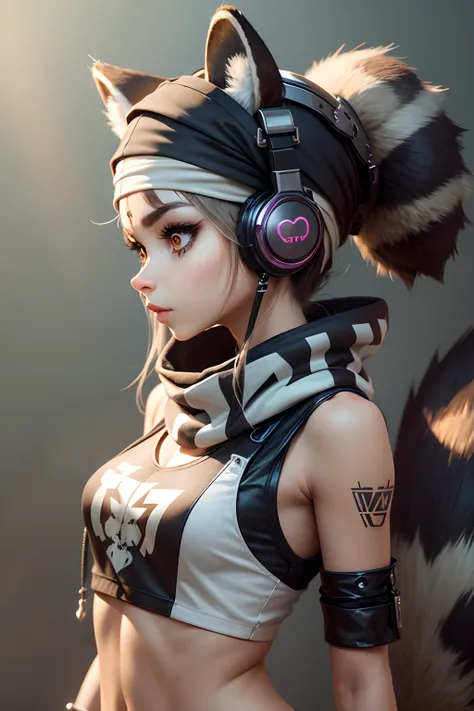 roovy female raccoon face and ears, with human body, 3/4 profile portrait, modern fashionable, funky accessories such as , headphones, sword, bandana, etc