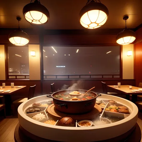 in a panoramic view，Inside the hot pot restaurant，The lighting is dim，It was dark outside