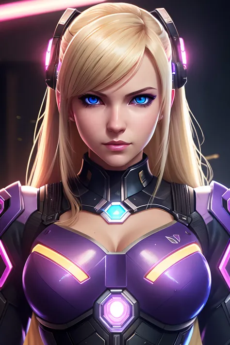 blond blue eye sexy look symmetry portrait of dva from overwatch, closeup, sci - fi, tech wear, glowing purple  lights intricate, elegant, highly detailed, digital painting, artstation, concept art, smooth, sharp focus, illustration, art by art Germ and Gr...