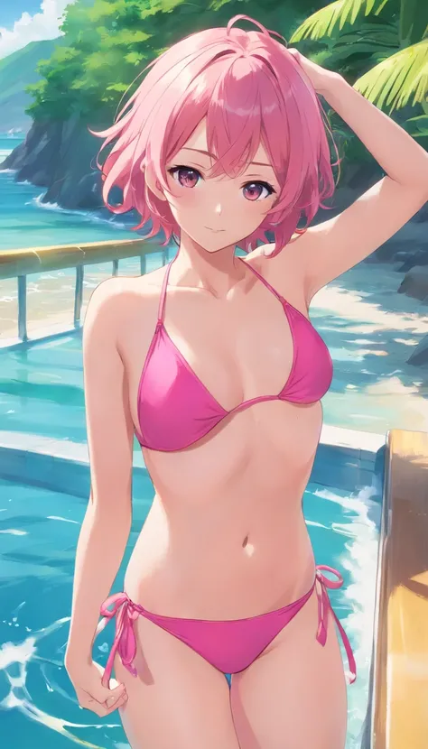 swim wears, pink bikini、​masterpiece、hposing Gravure Idol、A pink-haired, curly hair, fang, short hair, cute, medium chest