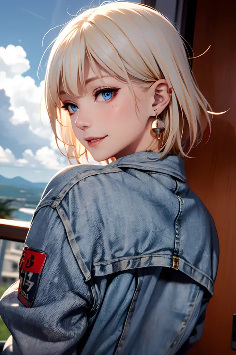 1girl in, Solo, Android 18, Blonde hair, Blue eyes, Short hair, Jewelry, earrings, Smile, Jacket, Looking to the side, denim, Denim jacket, Upper body, lingerie, Closed mouth, cloud, skyporn, day, Looking away, Blue sky, 鎖骨,