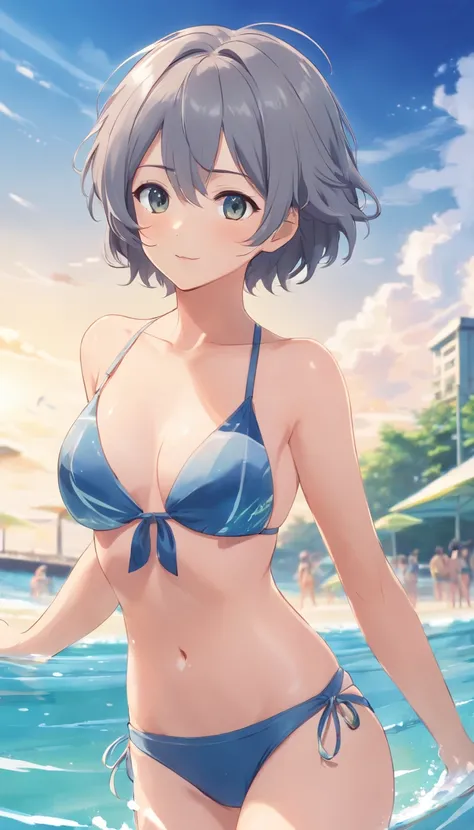 swim wears, gray bikini、​masterpiece、hposing Gravure Idol、A gray-haired, curly hair, fang, short hair, cute, medium chest