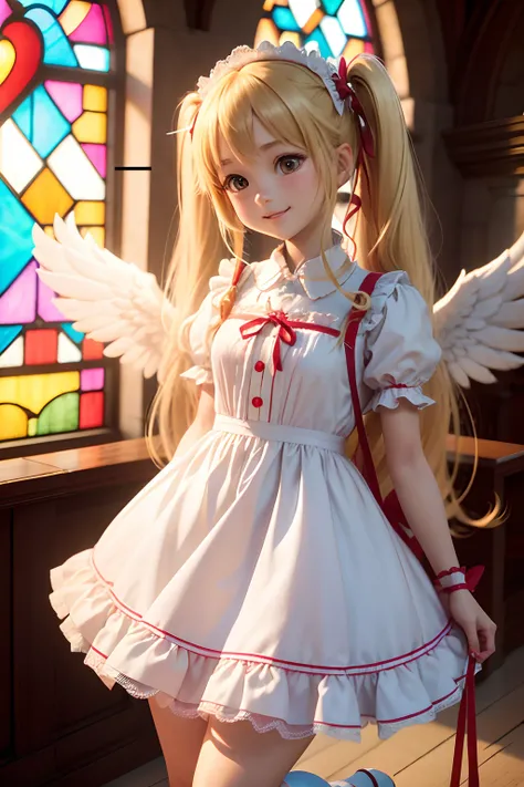 ,(1girl in),( absurdly , High quality , ultra-detailliert ),(Summer in the morning),(masutepiece),(Stained Glass Church),(long-haired blonde twin-tails),（White Maid Long Dress）,with a red ribbon on the head,,,,(Cute 3D anime petite girl rendering),Super De...