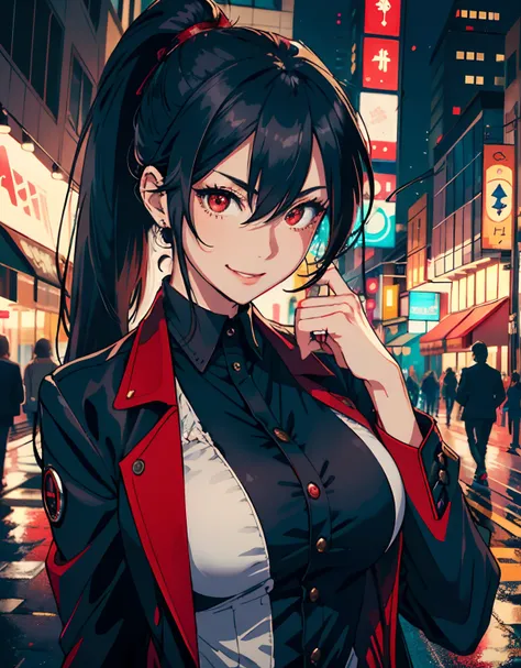 ((masterpiece, best quality)), (1girl, anime girl in the city night),(mature), (solo), (female focus), (black hair, long hair, ponytail),red eyes, ((black suit, mafia, jacket)), ((large breast)), vicious smile, evil smile, portraits, close up, upper body, ...