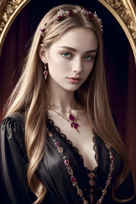 (Best quality, 4K, 8K, A high resolution, Masterpiece:1.2), (Ultra-detailed, Realistic portrait of the upper body of an 16 year old aristocratic girl), Exquisite facial features，(Clear and shiny colourless eyes)，Long curly blonde hair details expressed, Th...