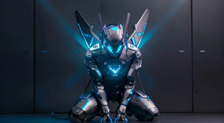 wings leds, masterpiece, best quality, a close up of a futuristic looking cyborg man with a fantastic cyberhelmet head with blue triangle led lights and a halo, wearing a blue techwear jacket, robot waist, robotic six pack, robotic belly, full body, sittin...