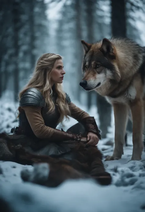 Blonde girl in armor in icy forest next to a big brown wolf