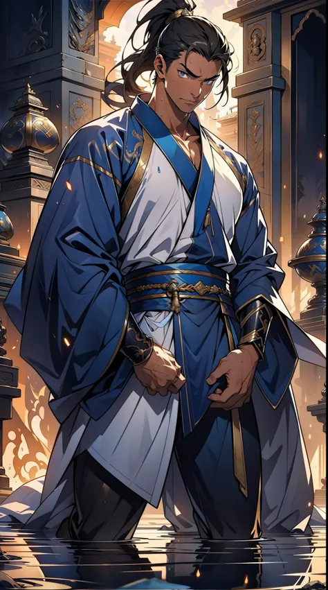 quadratic element，style of anime，mtu（Male Warrior），The proportions are correct，Face details，swordsmen，High ponytail hairstyle，Neck details，There is an Adams apple，White robe，kaftan，long white robe，clothes details，Handing over，longer sleeves，Game quality，Sw...