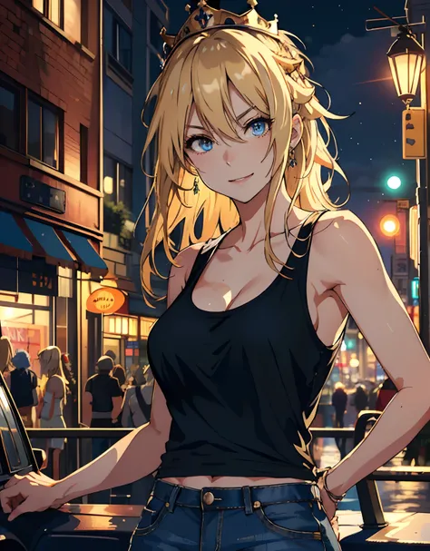 ((masterpiece, best quality)), (1girl, anime girl in the city night),(mature), (solo), (female focus), (blonde hair, messy hair, long hair),blue eyes, ((mafia, tank top, crown)), vicious smile, evil laugh, portraits, close up, open shoulder, collarbone, up...