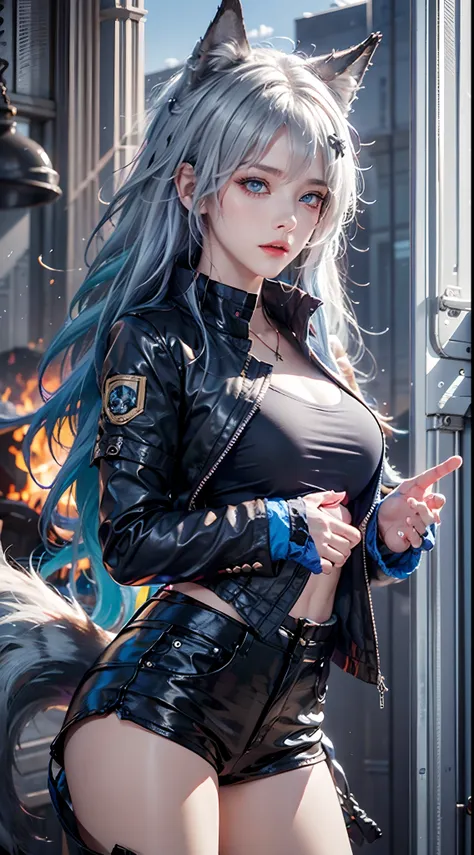 photorealistic, masterpiece, high resolution, soft light, mature female, blue eyes, hips up, hairpiece, lappland, arknights, destroyed city background, buildings on fire, pale, wolf girl, animal ears, scar, white fingerless gloves, black jacket, rhorrormar...