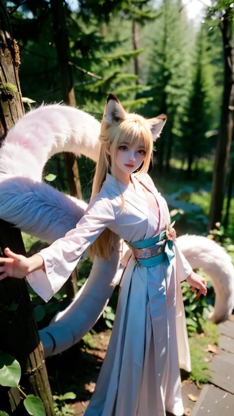 girl，Petite body，Blushlush，Hanfu，standing on your feet，双手抱拳祈祷，full bodyesbian，（（The fluffy fox tail is white和柔顺）），Fox eyes，foxears，Deep in the forest，Dry leaves，dense woods，The woods are transparent，Seduction pose，dream magical，fanciful，real picture qualit...