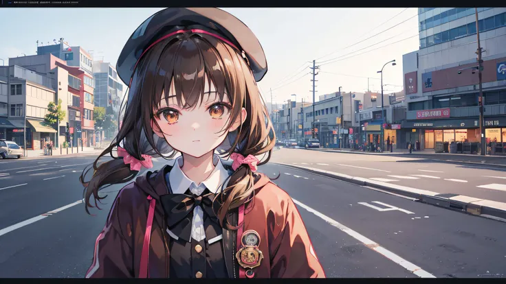 Friendly Looking, Sweet Looking, Anime girl, Brown pigtail hair, Brown hairs, Brown eyes, Beret, background landscape, neon Japanese style city at Daytime, Sunny, Bow, Cute Hair gib, Brown coat, Black ties, Black pants, looking at viewer, In shape, Cute, U...