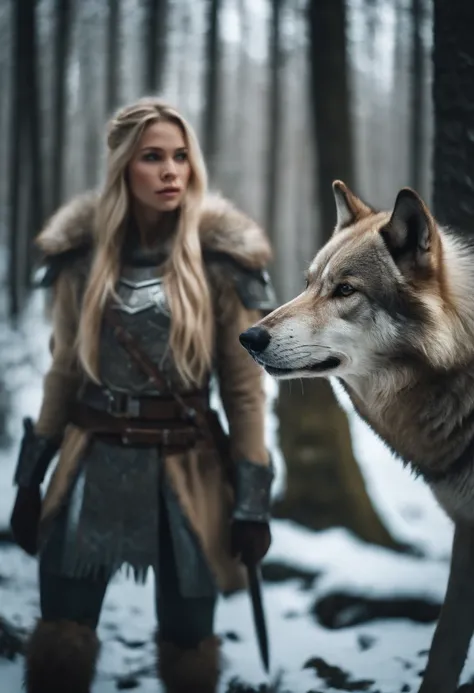 Blonde girl in armor in the icy forest next to a large brown wolf with armor