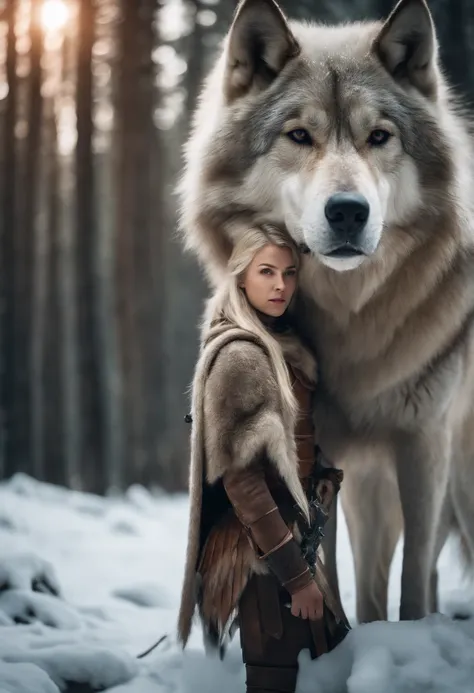 Blonde girl in armor in the icy forest next to a large brown wolf with armor