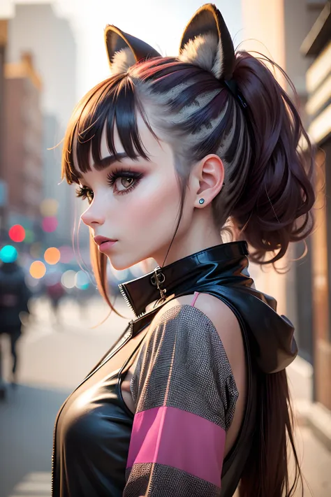 Groovy 35 year old female raccoon face and ears, with human body, 3/4 profile portrait, modern fashionable style. funky Trendy and edgy 2023 accessories. etc. blurry urban background