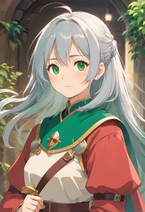 （8K，Best quality，style of anime）Silver-haired female knight，Green emerald pupils，Delicate facial features，The drawing style is similar to that of characters in anime，Full body like，with a pure white background，Character design，quadratic element，Include a s...