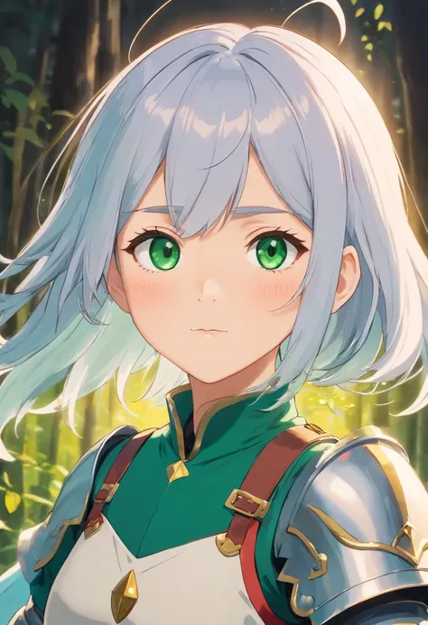 （8K，Best quality，style of anime）Silver-haired female knight，Green emerald pupils，Delicate facial features，The drawing style is similar to that of characters in anime，Full body like，with a pure white background，Character design，quadratic element，Include a s...