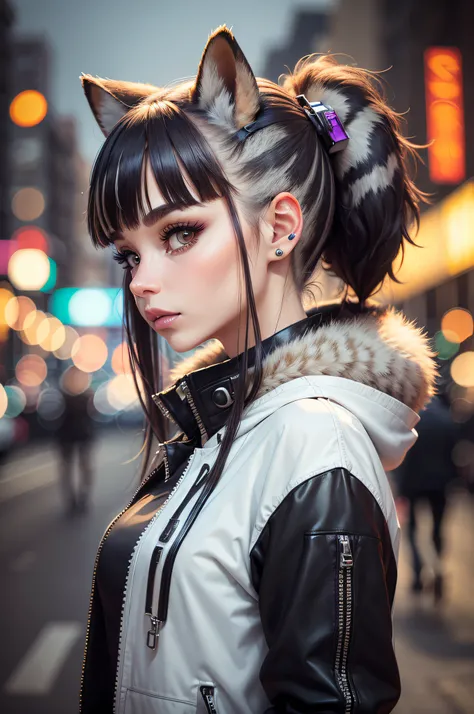 Groovy 40 year old female raccoon face and ears, with human body, 3/4 profile portrait, modern fashionable style. funky Trendy and edgy 2023 accessories. etc. blurry urban background