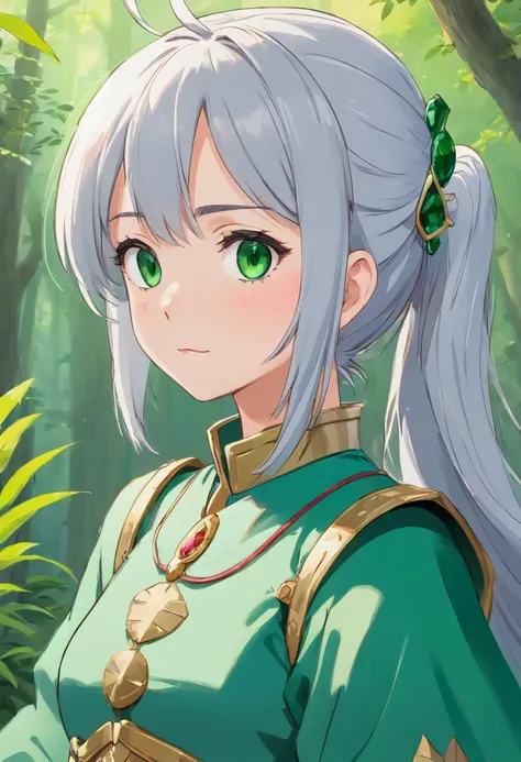 （8K，Best quality，style of anime）Silver-haired female knight，Green emerald pupils，High ponytail，Delicate facial features，The drawing style is similar to that of characters in anime，full bodyesbian，with a pure white background，Character design，quadratic elem...