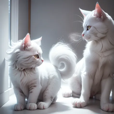 A cat and a dog with fluffy hair like cotton candy are playing in a white room、Cute