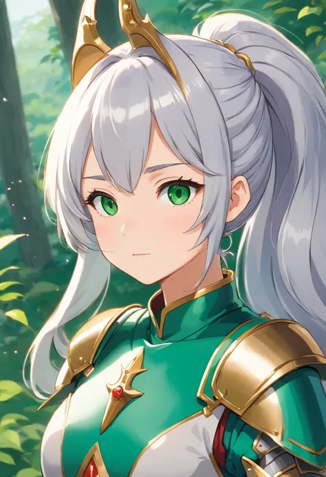 （8K，Best quality，style of anime）Silver-haired female knight，Green emerald pupils，High ponytail，is dressed in armor，Delicate facial features，The drawing style is similar to that of characters in anime，You can see the whole body，with a pure white background，...