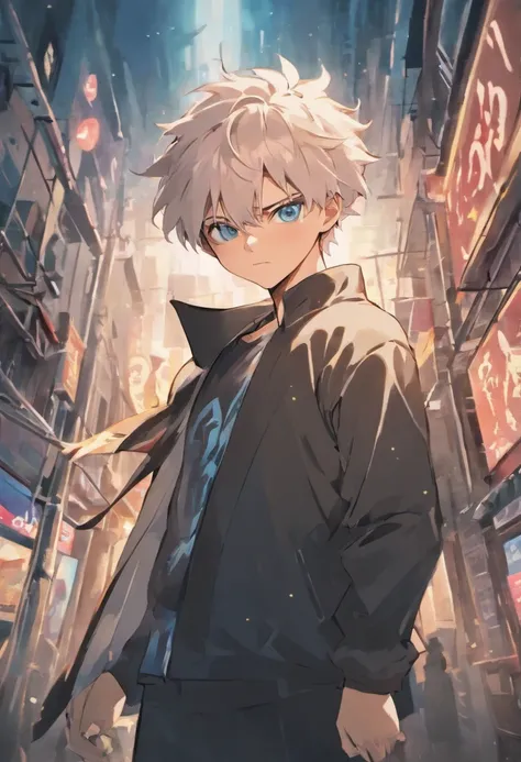 gojo satoru, jujutsu  kaisen, anime, in the city, amazing, focused, ray of light, blue eyes, white hair, black shirt, in the battlefield, powerfull magic aura.