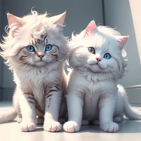 A cat and a dog with fluffy hair like cotton candy are playing in a white room、Cute