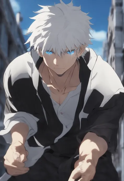 gojo satoru, jujutsu  kaisen, anime, in the city, amazing, focused, ray of light, blue eyes, white hair, black shirt.