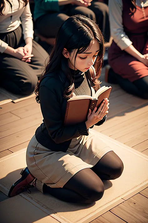 Symbols | prayer: Person kneeling in prayer, Group of people praying together, Woman holding a prayer book