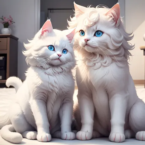 A cat and a dog with fluffy hair like cotton candy are playing in a white room、Cute