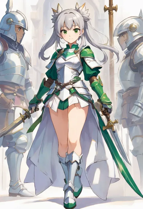 （8K，Best quality，style of anime），Ancient European realistic style armor，Silver-haired female knight，Green emerald pupils，High ponytail，Wearing silver-white armor，Delicate facial features，The drawing style is similar to that of characters in anime，boots，Gai...