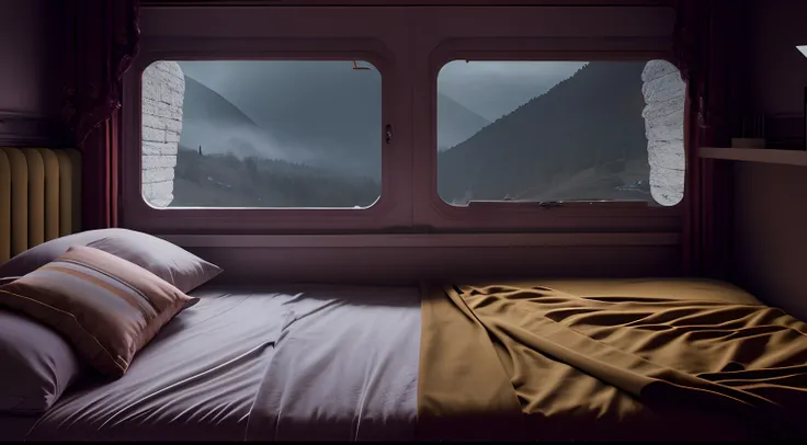 The room had a bed with pillows and a window, detailed cinematic photography, Alessio Albi, humans sleeping in healing pods, detailed cinematic shot, stunning moody cinematography, detailed cinematic rendering, photorealistic cinematic render, cinematic Fi...