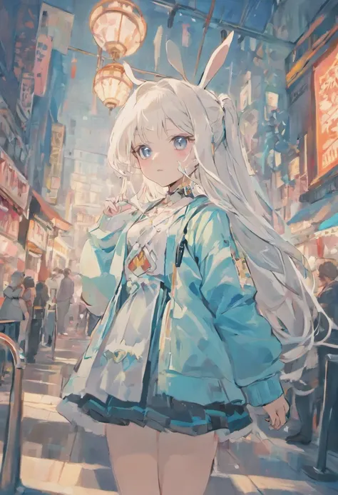 White hair，Lolita skirt, little girl , white techwear open jacket , white long hair, ocean blue eyes, rabbit design bag , headset on neck , libraru