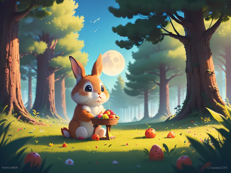 On the grass in the forest，Hearty fruits and food，A full moon in the sky，A small rabbit sits on the ground