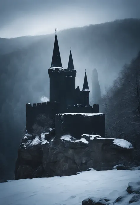 Great black castle abandoned in ruins in a frozen valley