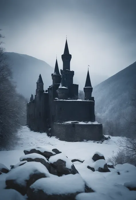 Great black castle abandoned in ruins in a frozen valley