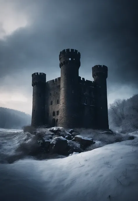 Great black castle abandoned in ruins in a frozen valley