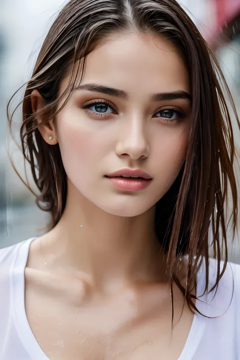 top-quality, ​masterpiece, 超A high resolution, Photorealsitic, Raw foto, ((one beautiful women)), 22year old, Detailed face, beautidful eyes, depth of fields, the city street, Wet in the rain, White T-shirt with V-neck, Wet and see-through t-shirt, small t...