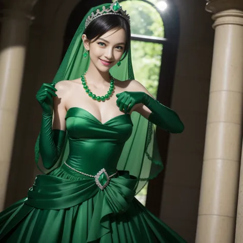 emerald tiara, Green Pearl Necklace, Boyish very short black hair, lipsticks, Japan woman smiling, very short short hair, big breasts beautiful, Green eyes, Long green gloves made of satin material, Green eyes, Emerald Earrings